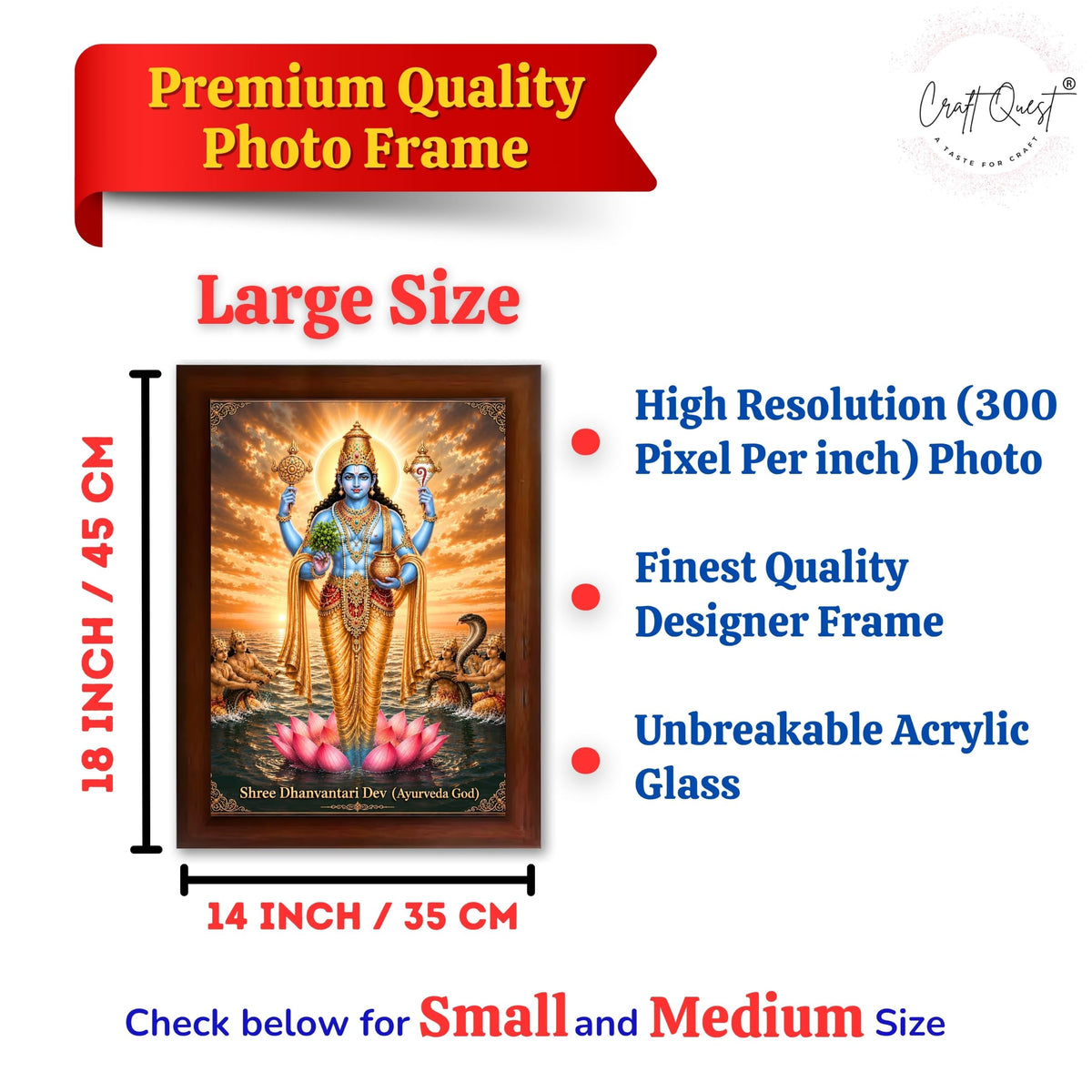 CRAFT QUEST Lord Dhanvantari/Dhanwantari Photo Frame | Hindu God of Ayurveda & Healing | Wooden Framed Wall Art for Home Temple, Office & Clinic Decor | Vastu & Spiritual Gift Item