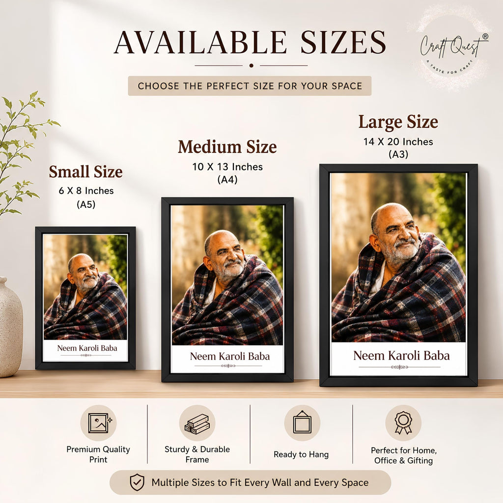 CRAFT QUEST Neem Karoli Baba Maharaj Ji Smiling Portrait Photo Frame for Wall | Spiritual Guru Religious Wall Art | Devotional Photo for Home, Mandir, Puja Room & Gifting