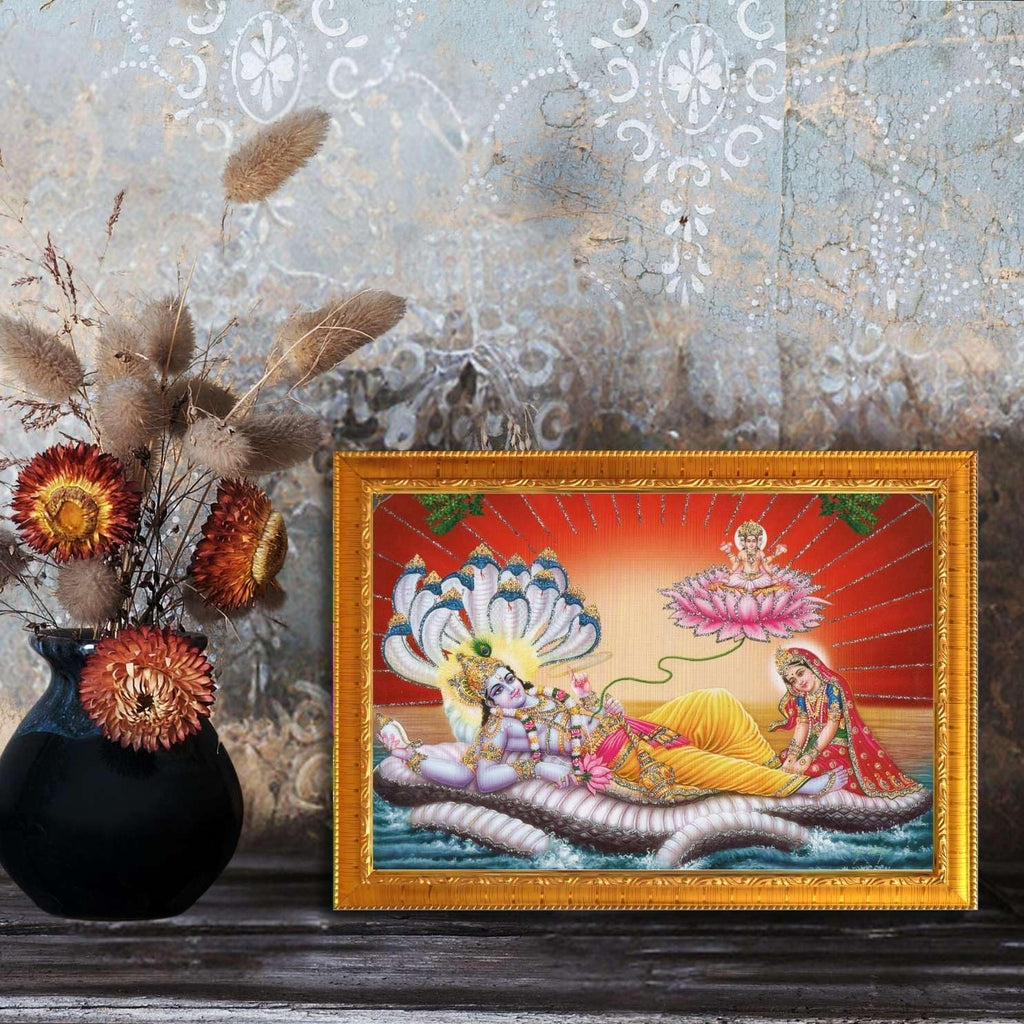 CRAFT QUEST Lord Vishnu and Goddess Lakshmi Giving Blessing on Shesh naag, landscape Glitter Painting with Golden Frame (6 X 8 Inches, Synthetic)
