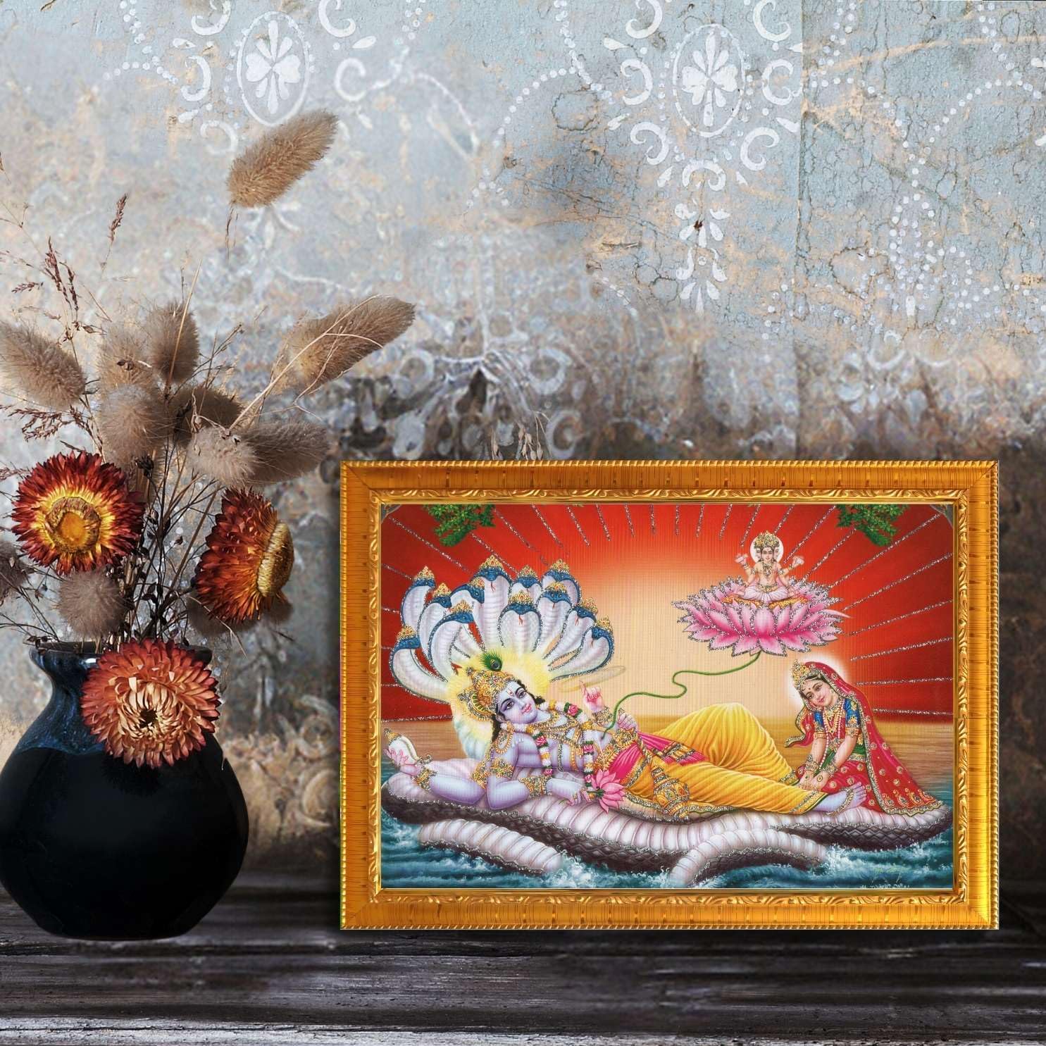 CRAFT QUEST Lord Vishnu and Goddess Lakshmi Giving Blessing on Shesh naag, landscape Glitter Painting with Golden Frame (6 X 8 Inches, Synthetic)