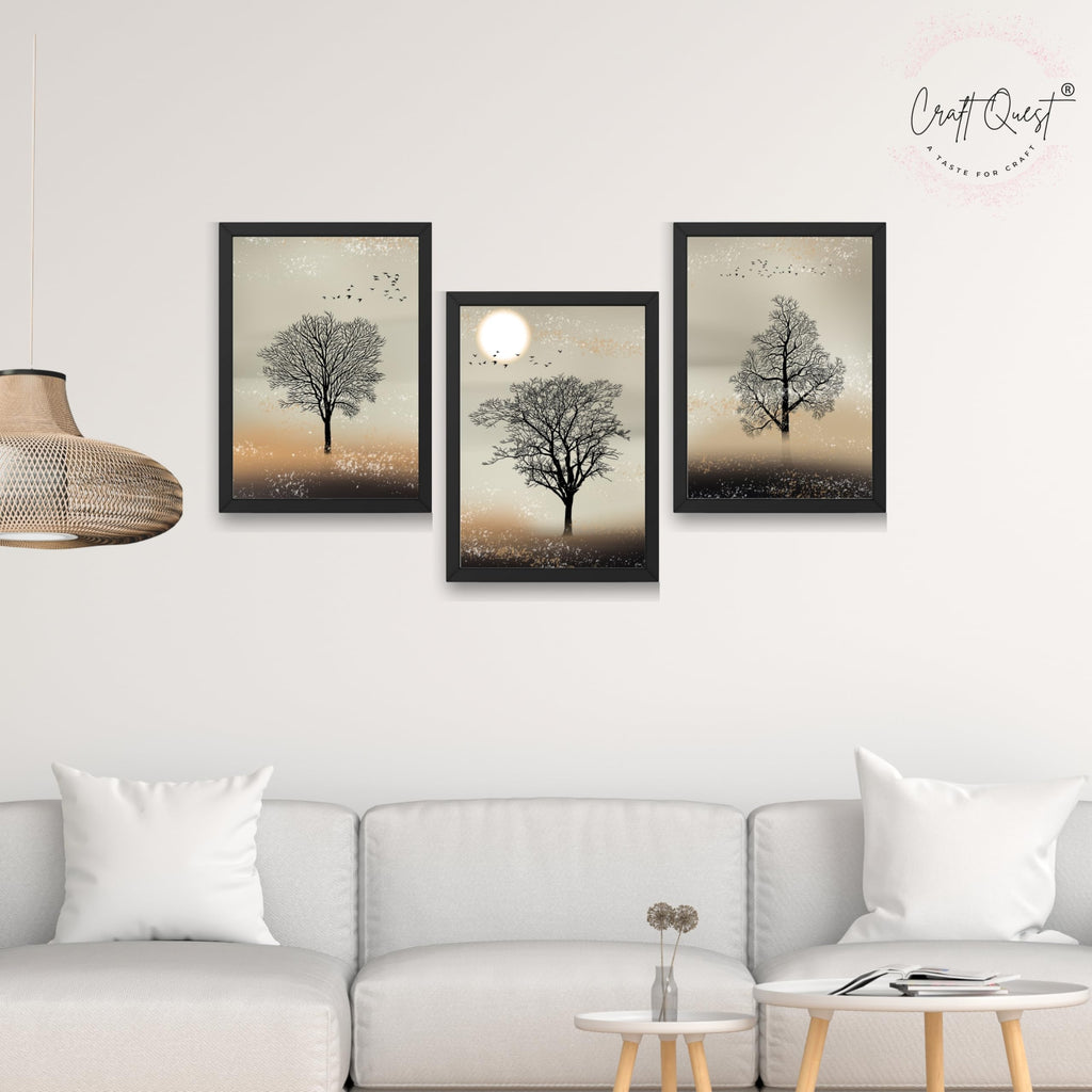 CRAFT QUEST Nature Inspired Landscape With Black Trees Modern Wall Art | Set of 3 Frames for Home Decoration | Ideal for Living Room, Bedroom & Office