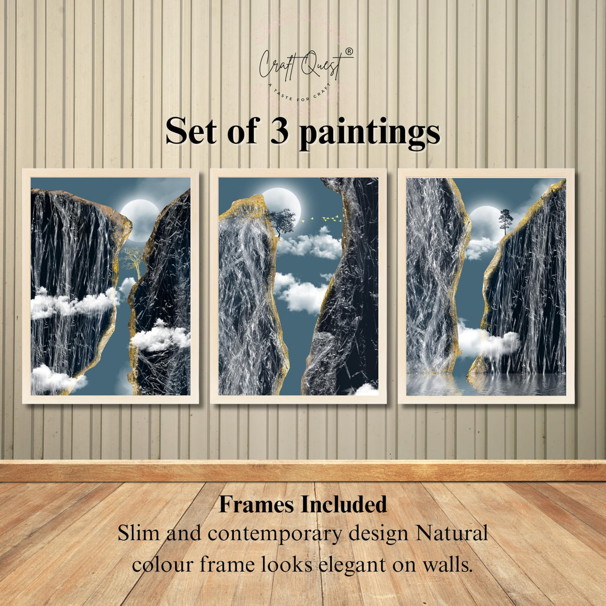 CRAFT QUEST Modern Art Abstract Landscape Decorative Wall Art | Set of 3 Frames for Home Decoration | Ideal for Living Room, Bedroom & Offices