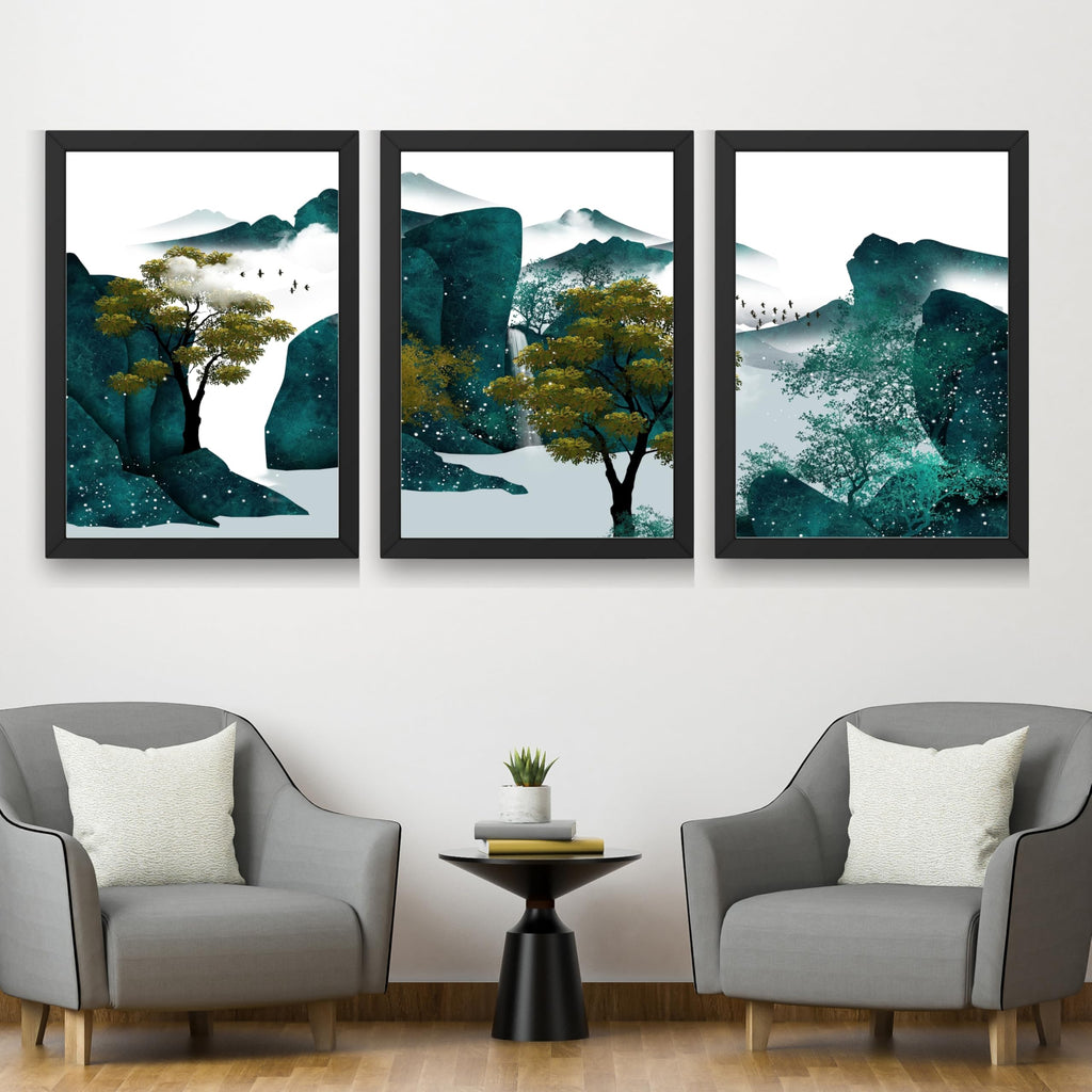 CRAFT QUEST Modern Art Ink Landscape Wall Art | Set of 3 Frames for Home Decoration | Ideal for Living Room, Bedroom & Offices