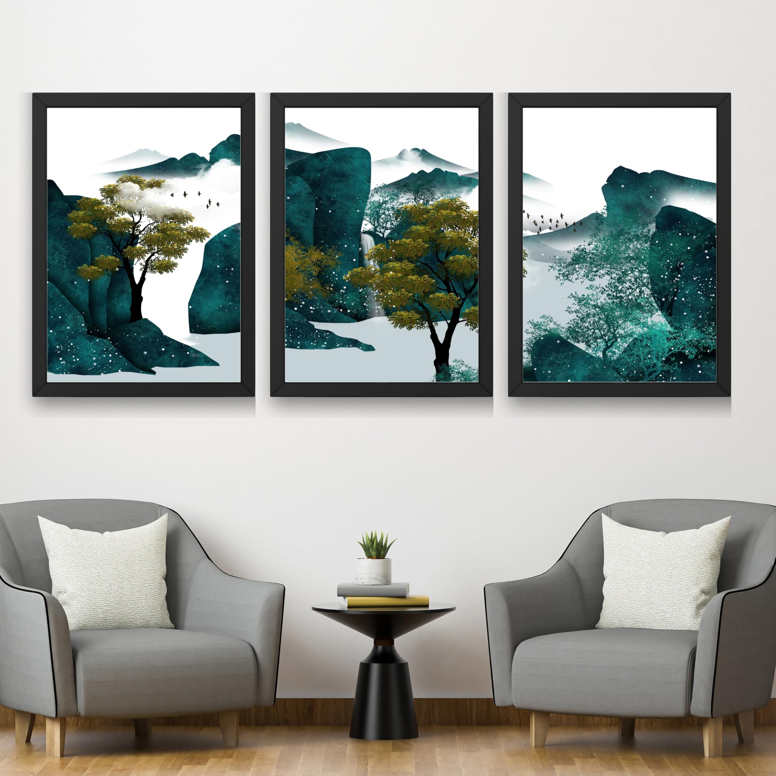 CRAFT QUEST Modern Art Ink Landscape Wall Art | Set of 3 Frames for Home Decoration | Ideal for Living Room, Bedroom & Offices