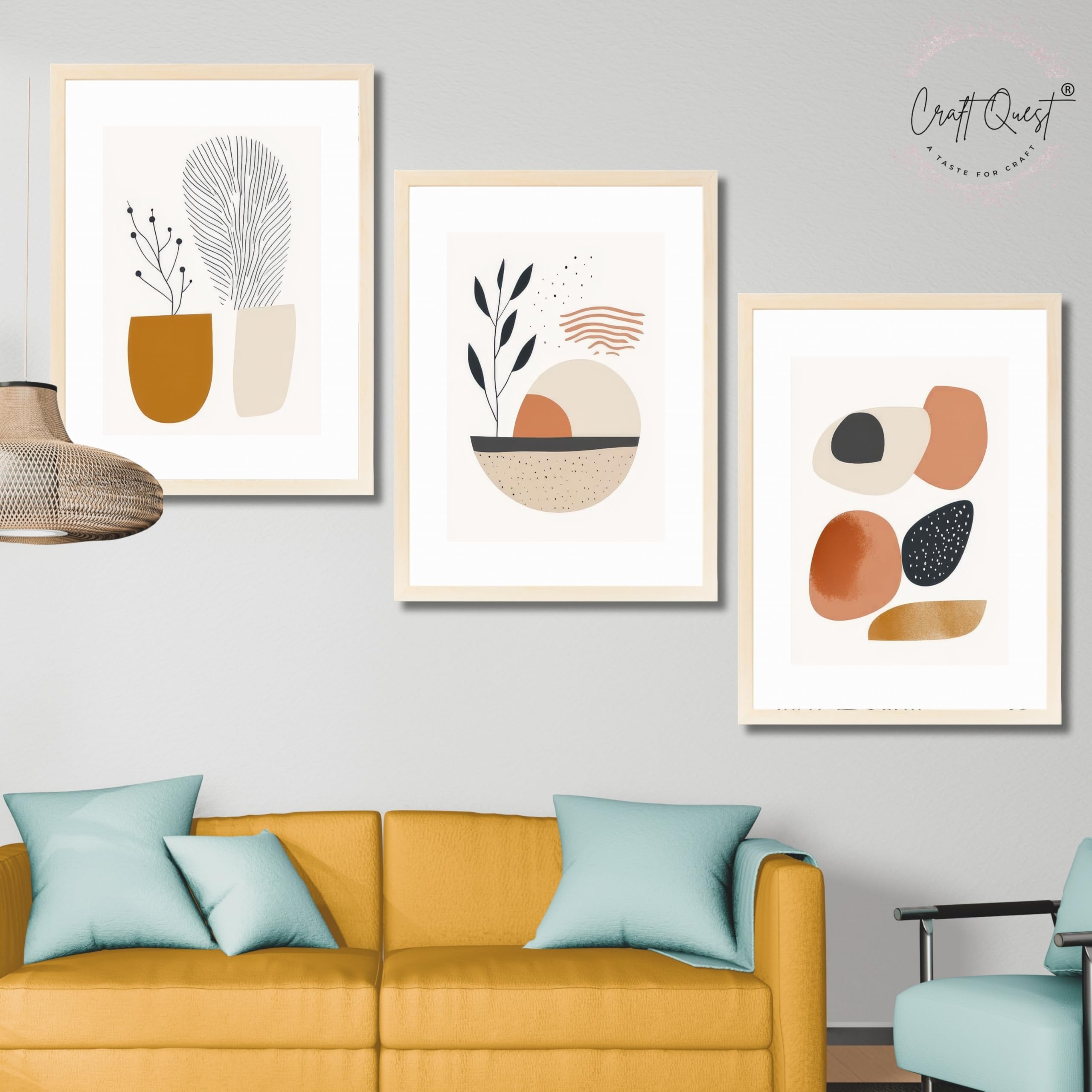 CRAFT QUEST Contemporary Organic Abstract Wall Art | Set of 3 Frames for Home Decoration | Ideal for Living Room, Bedroom & Offices