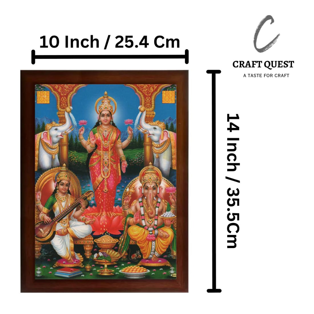CRAFT QUEST Standing Lakshmi Devi with ganesh ji and saraswati maa Wall Painting Frame for Shop or Business