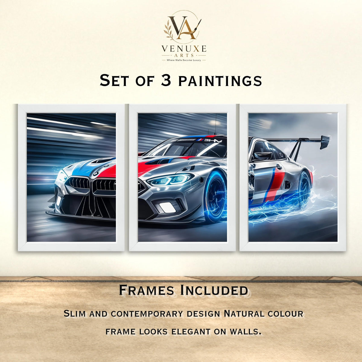 VENUXE ARTS Set Of 3 Big Sports Cars Framed Posters Gift Items for Boys Room Wall Decoration Bedroom Living Room Office Studio Décor | Car Poster Frame for Wall Décor
