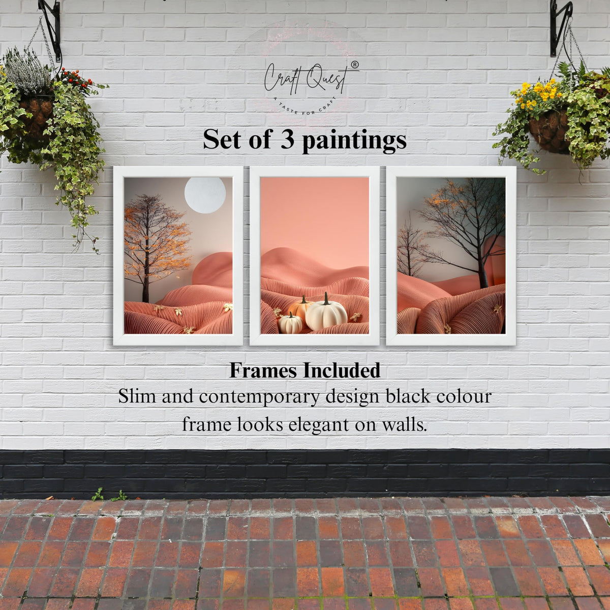 CRAFT QUEST Nature Inspired Autumn Minimalist Modern Wall Art | Set of 3 Frames for Home Decoration | Ideal for Living Room, Bedroom & Office