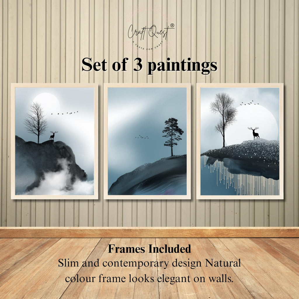 CRAFT QUEST Modern Art Geometric Ink Abstract Wall Art | Set of 3 Frames for Home Decoration | Ideal for Living Room, Bedroom & Offices