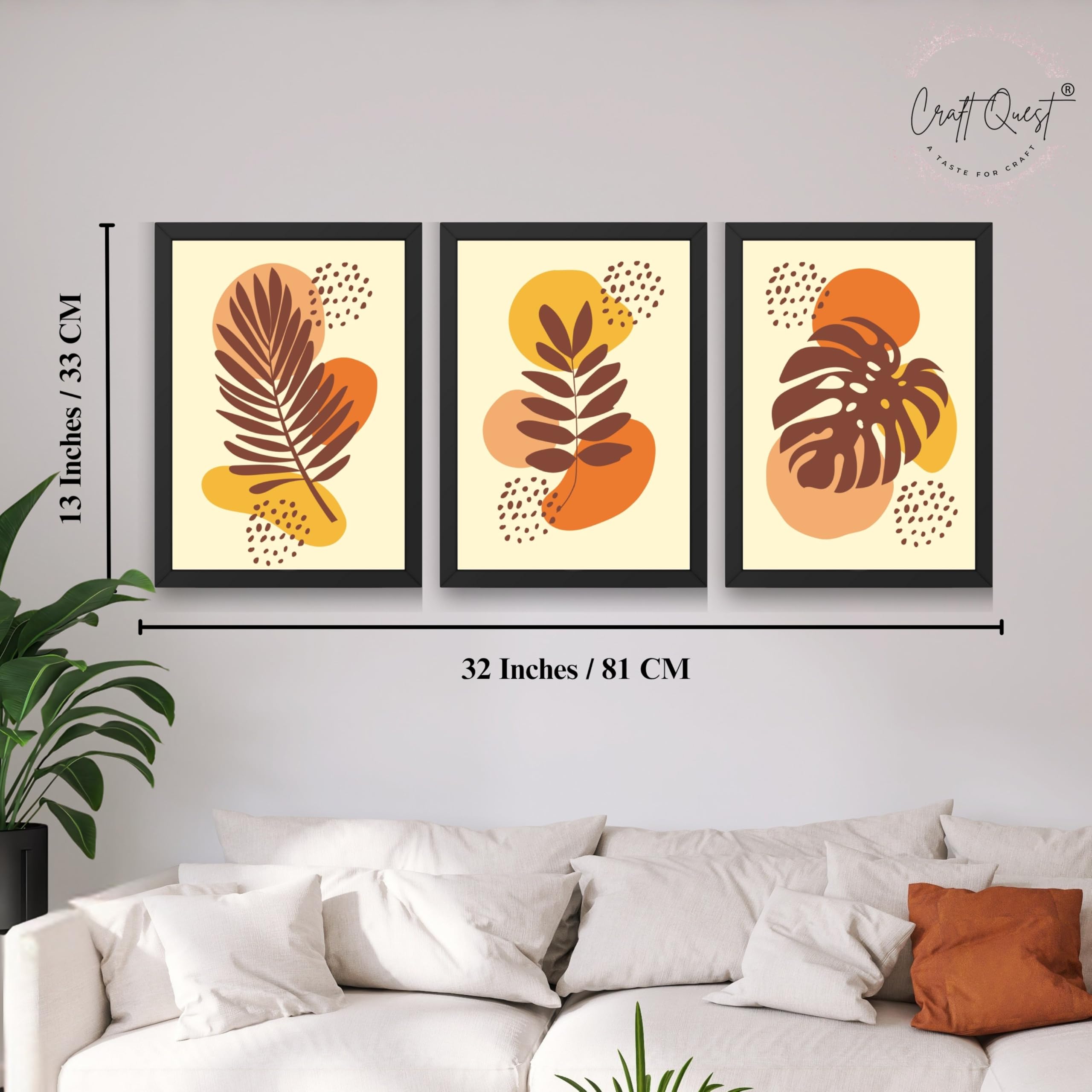CRAFT QUEST Wall Art Decor Paintings | Set of 3 BOHO Wall Art Frames for Home Decoration | Ideal for Living Room, Offices & Bedrooms
