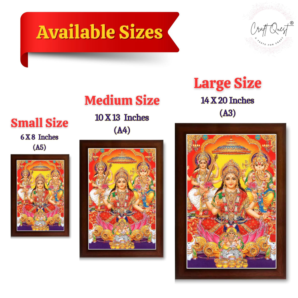 CRAFT QUEST Goddess Laxmi Ganesh Saraswati Religious God Hindu Photo Frame for Diwali,Temple, Pooja, Living Room Home and Decor Item