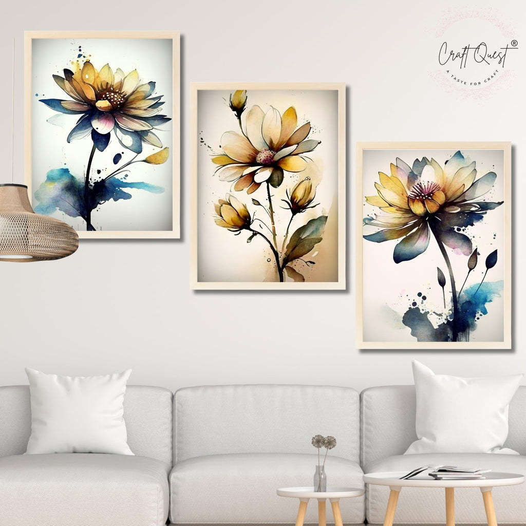 CRAFT QUEST Nature Inspired Triptych Flowers Abstract Wall Art | Set of 3 Frames for Home Decoration | Ideal for Living Room, Bedroom & Office