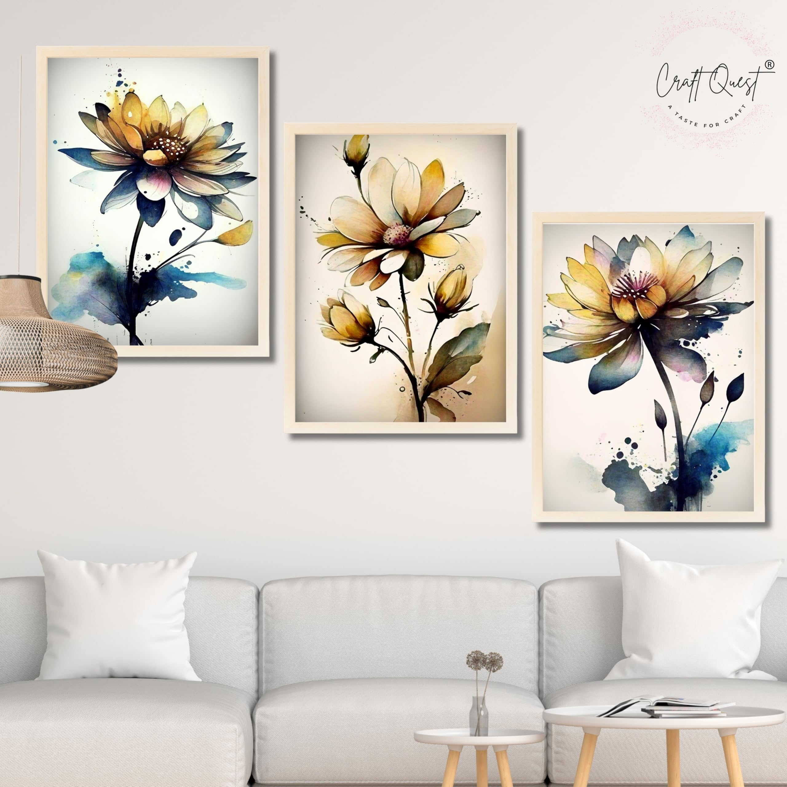 CRAFT QUEST Nature Inspired Triptych Flowers Abstract Wall Art | Set of 3 Frames for Home Decoration | Ideal for Living Room, Bedroom & Office