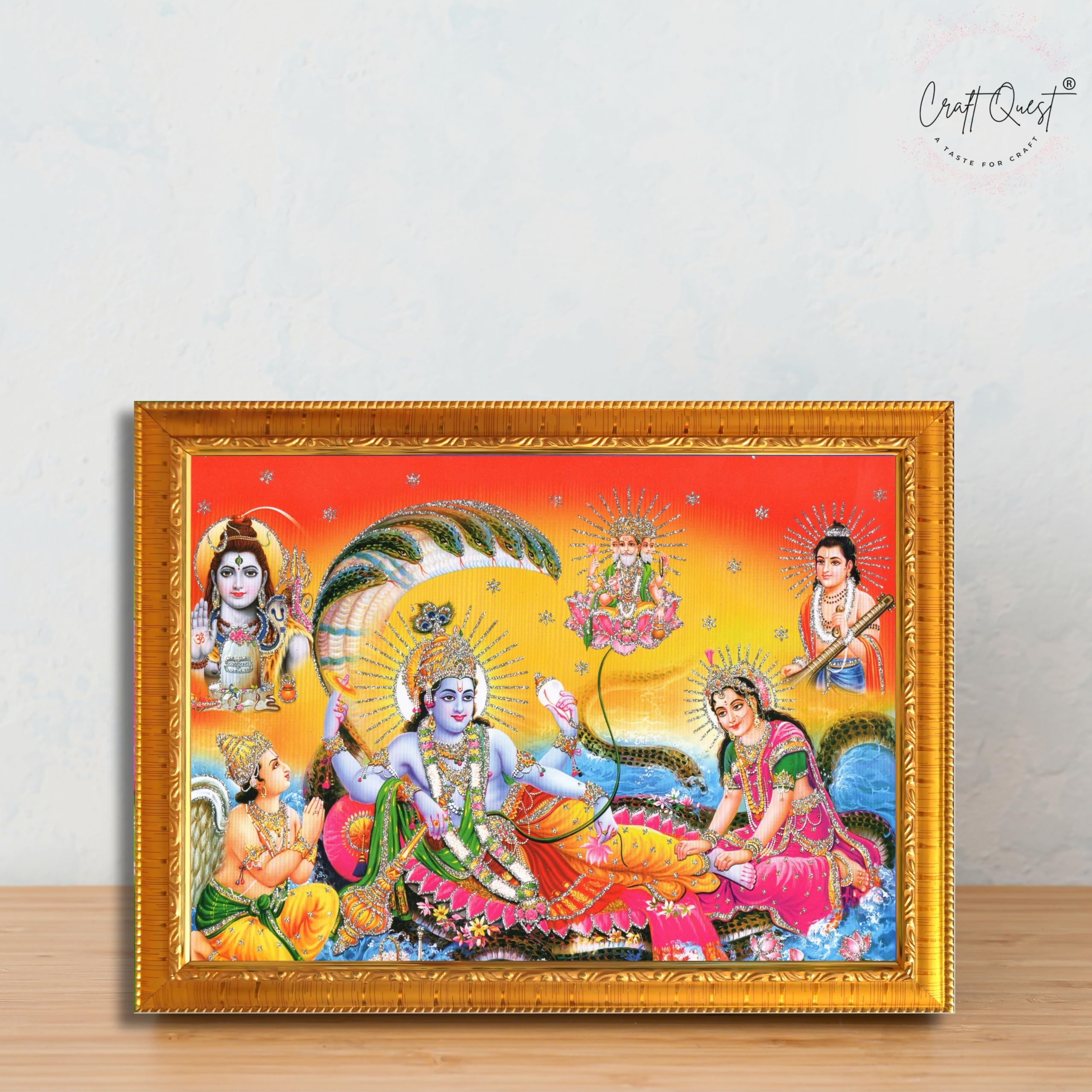 CRAFT QUEST Goddess Lakshmi pressing legs of lord Vishnu on Shesh naag, Glitter Work Painting wooden frame