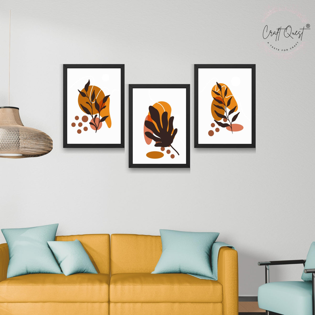 CRAFT QUEST Wall Art Decor Paintings | Set of 3 BOHO Wall Art Frames for Home Decoration | Ideal for Living Room, Bedroom & Office
