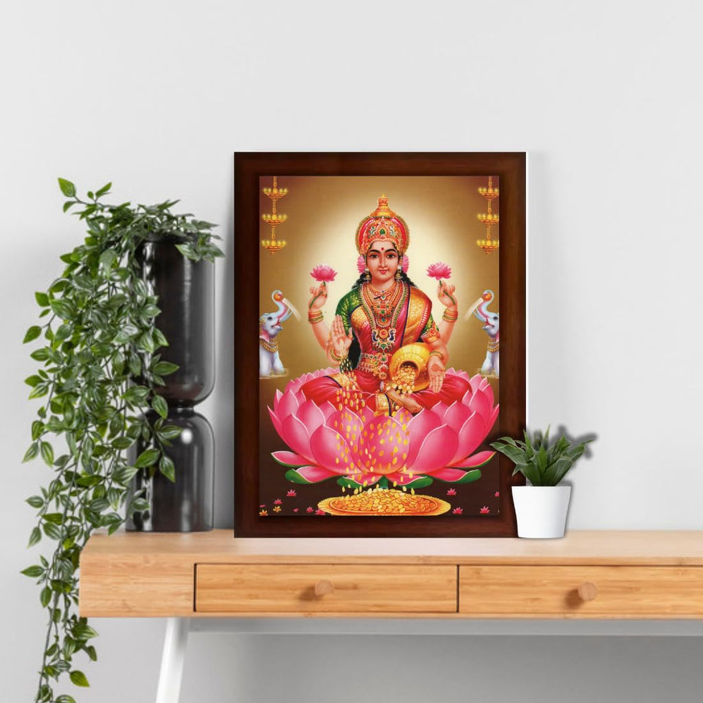CRAFT QUEST Goddess Lakshmi Devi Dhana Vaibhav Laxmi Maa Wall Painting Framed Home Decor (Wood, Matte, Brown, Small Size, 14 X 10 Inch)