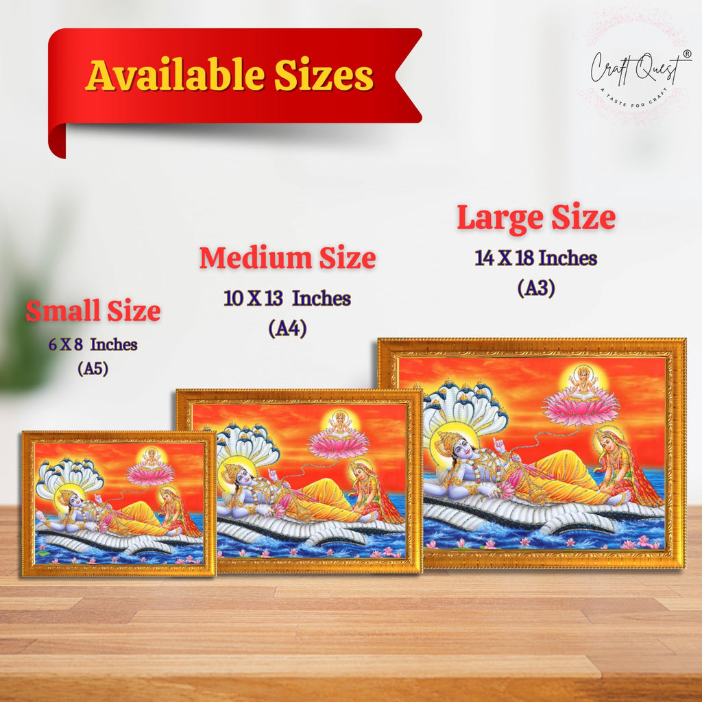 CRAFT QUEST Lord Vishnu and Goddess Lakshmi Giving Blessing on Shesh naag, landscape Glitter Work Painting Synthetic Wood Frame