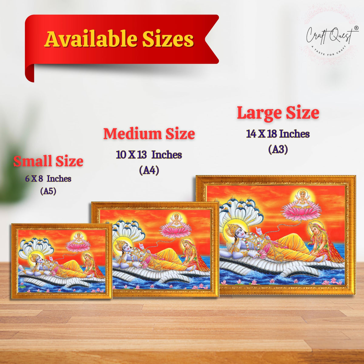 CRAFT QUEST Lord Vishnu and Goddess Lakshmi Giving Blessing on Shesh naag, landscape Glitter Work Painting Synthetic Wood Frame