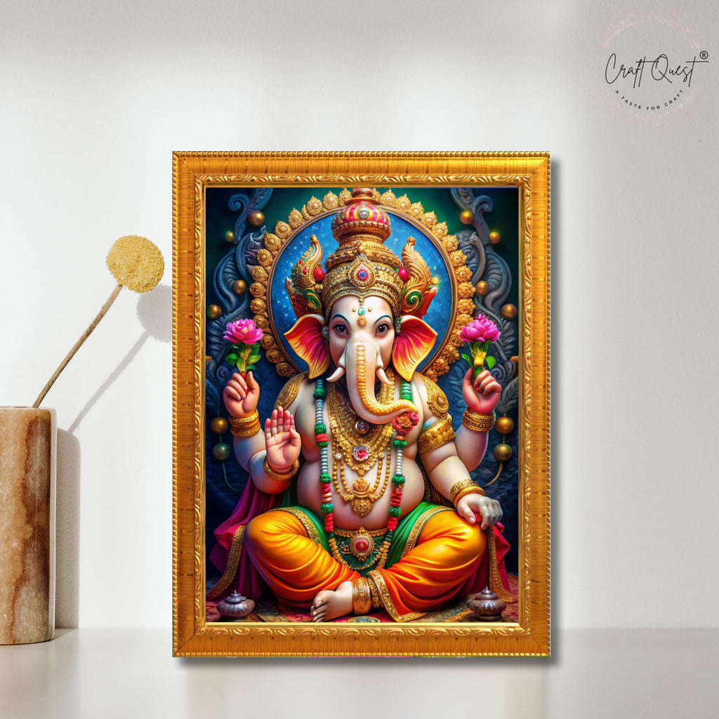 CRAFT QUEST Laminated God Ganpati ji Photo Frame Wall Decor Mandir Pooja Poster Religious Painting Divine Hindu Temple Decoration Spiritual Blessings Home Office Gift