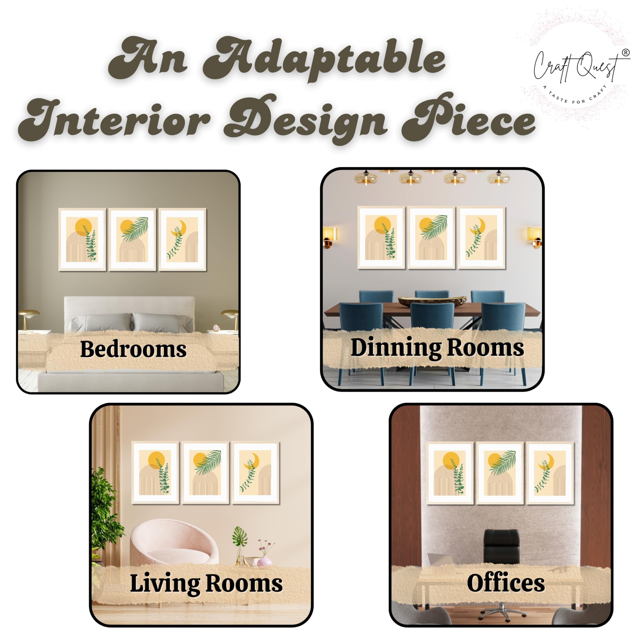 CRAFT QUEST Wall Art Decor Paintings | Set of 3 BOHO Wall Art Frames for Home Decoration | Ideal for Living Room, Bedroom & Office