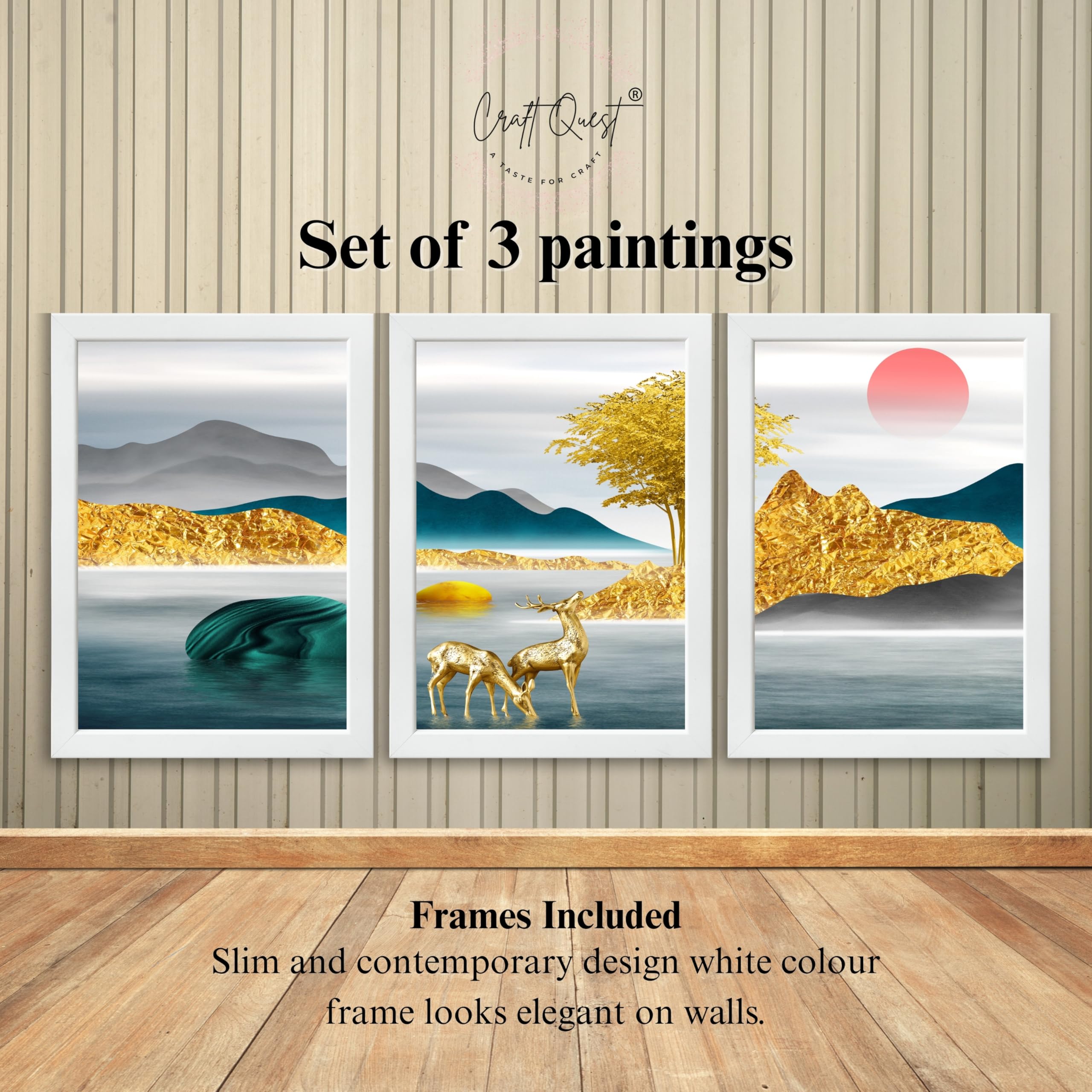 CRAFT QUEST Modern Art Landscapes Sanlian Abstract Wall Art | Set of 3 Frames for Home Decoration | Ideal for Living Room, Bedroom & Offices