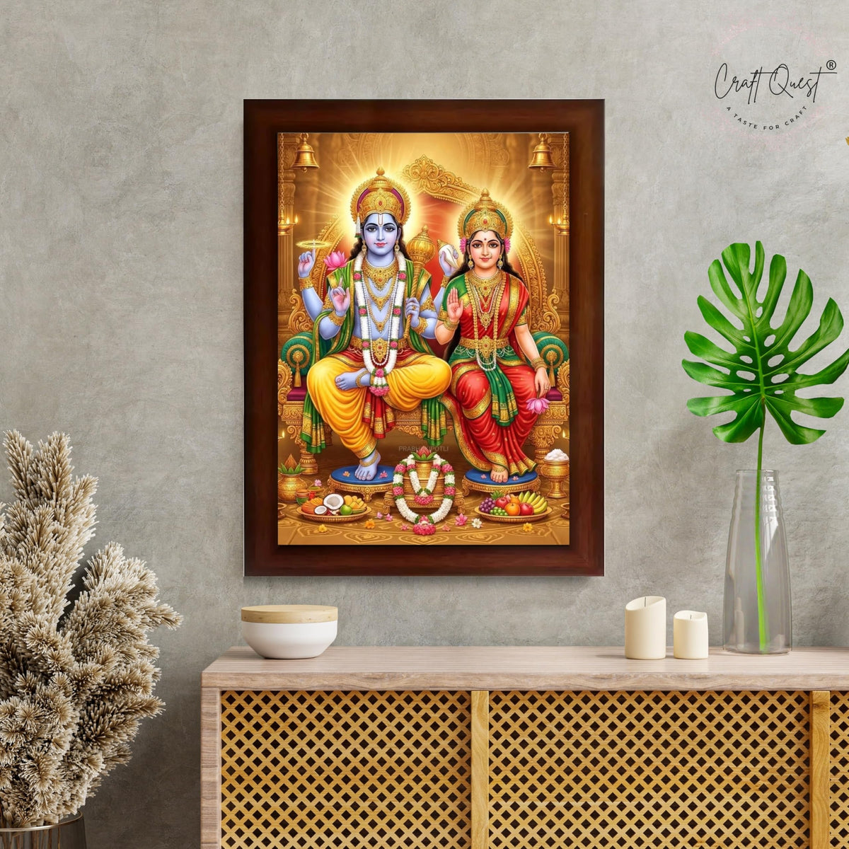 CRAFT QUEST Laxmi Vishnu Dev Lakshmi Devi Laxmi Narayan Ji Wall Painting Framed Home Decor, Religious Photo Frame