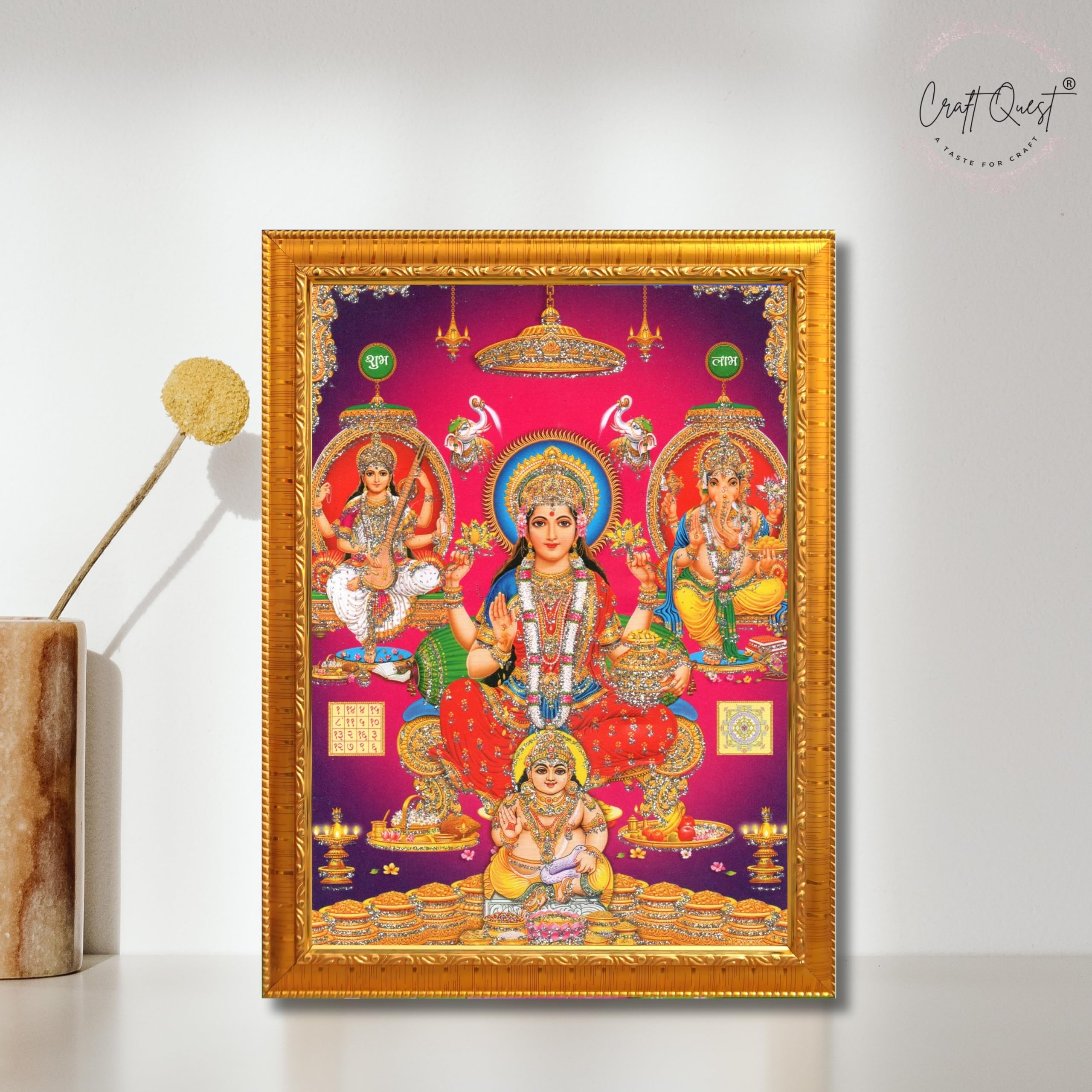 CRAFT QUEST Laxmi Ganesh Saraswati Religious Photo Frame for Wall, Table, Office, Temple, Pooja, Living Room and Home Decor Item
