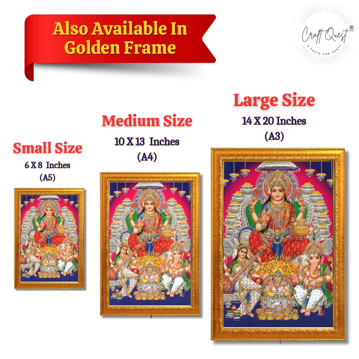 CRAFT QUEST Lord MahaLaxmi Ganesh Saraswati Ji Religious Hindu Photo Frame for Diwali,Wall, Table, Office, Temple, Pooja, Living Room and Decor