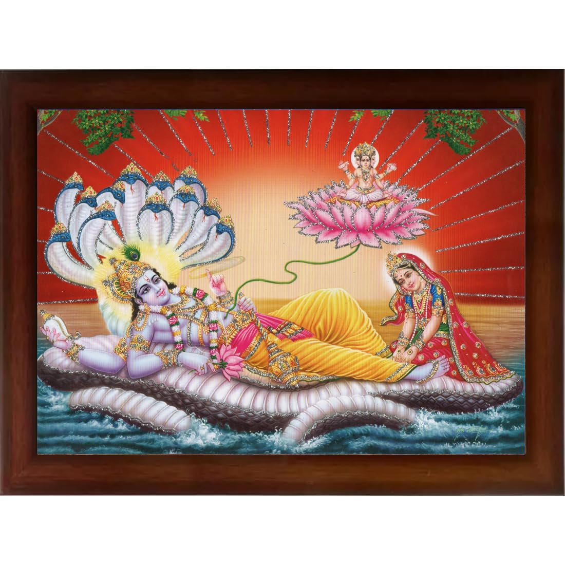 Craft Quest Lord Vishnu and Goddess Lakshmi Giving Blessing on Shesh naag, landscape, Glitter Work Painting with Plane Brown Frame (10 X 14 Inches, Brown Synthetic)