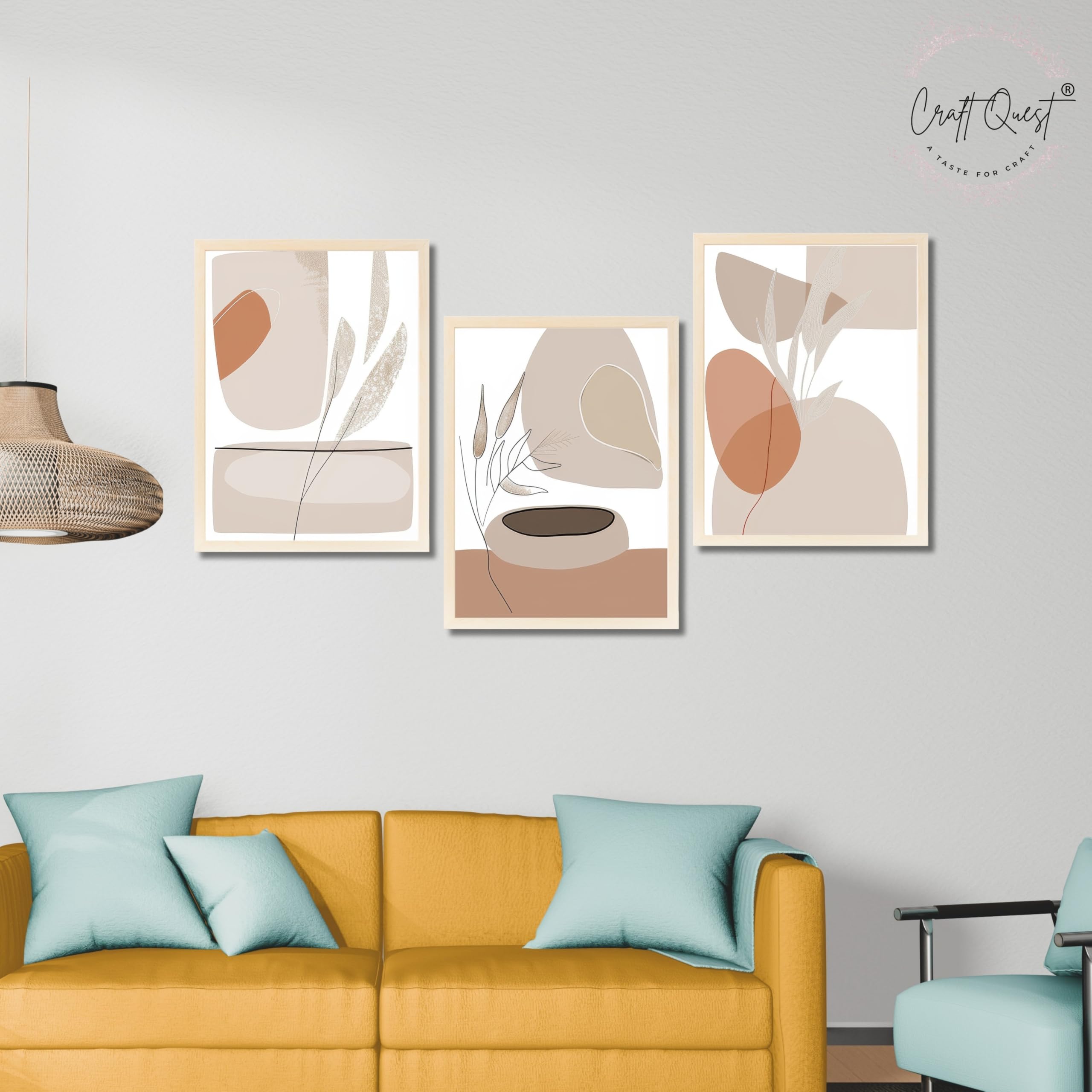 CRAFT QUEST Modern Art White Wall Abstract Wall Art | Set of 3 Frames for Home Decoration | Ideal for Living Room, Bedroom & Offices