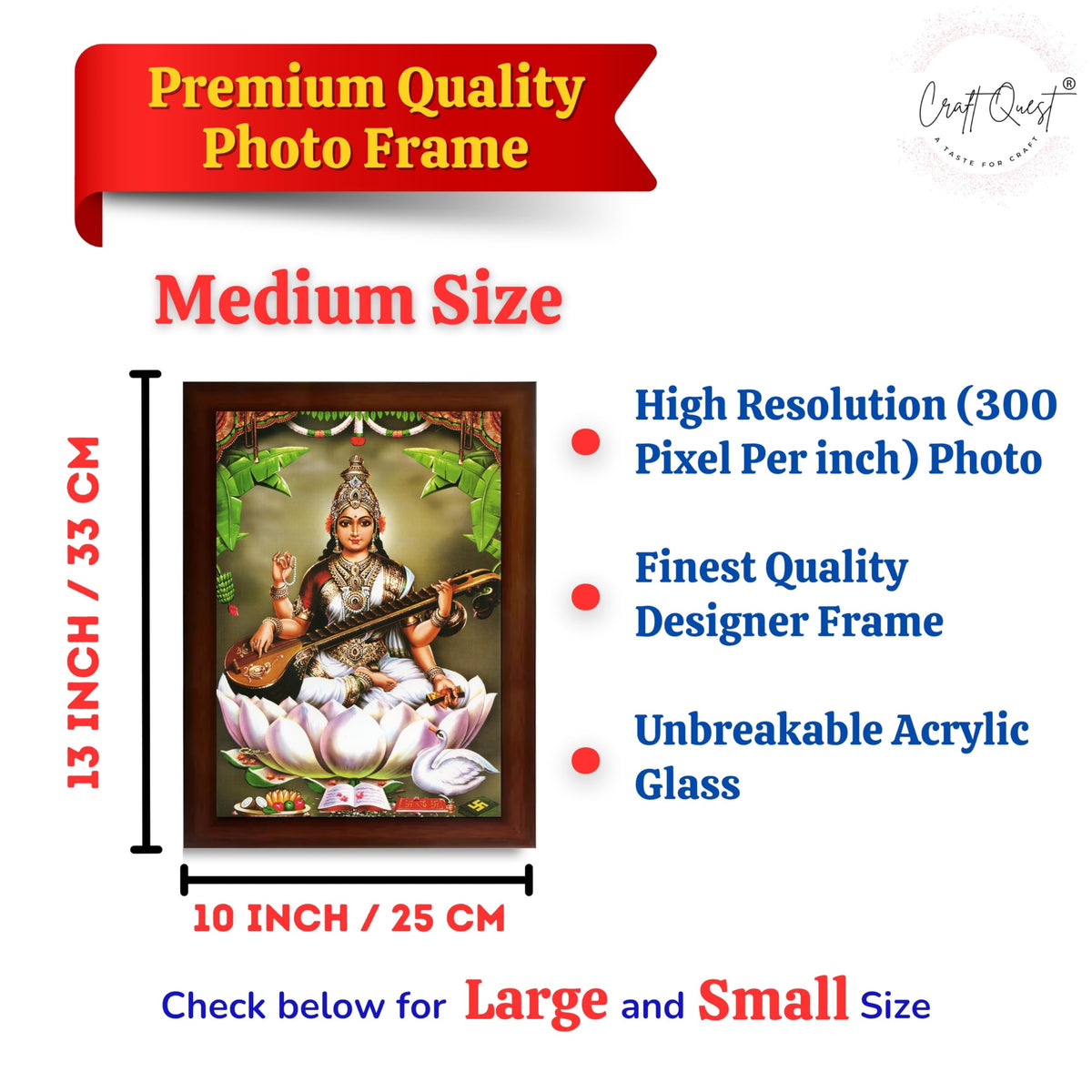 CRAFT QUEST Saraswati Devi Goddess Saraswathi Maa Photo Frame | Religious Photo Frame | Ideal for Home, Office, Temple & Puja Room, Wall Decor