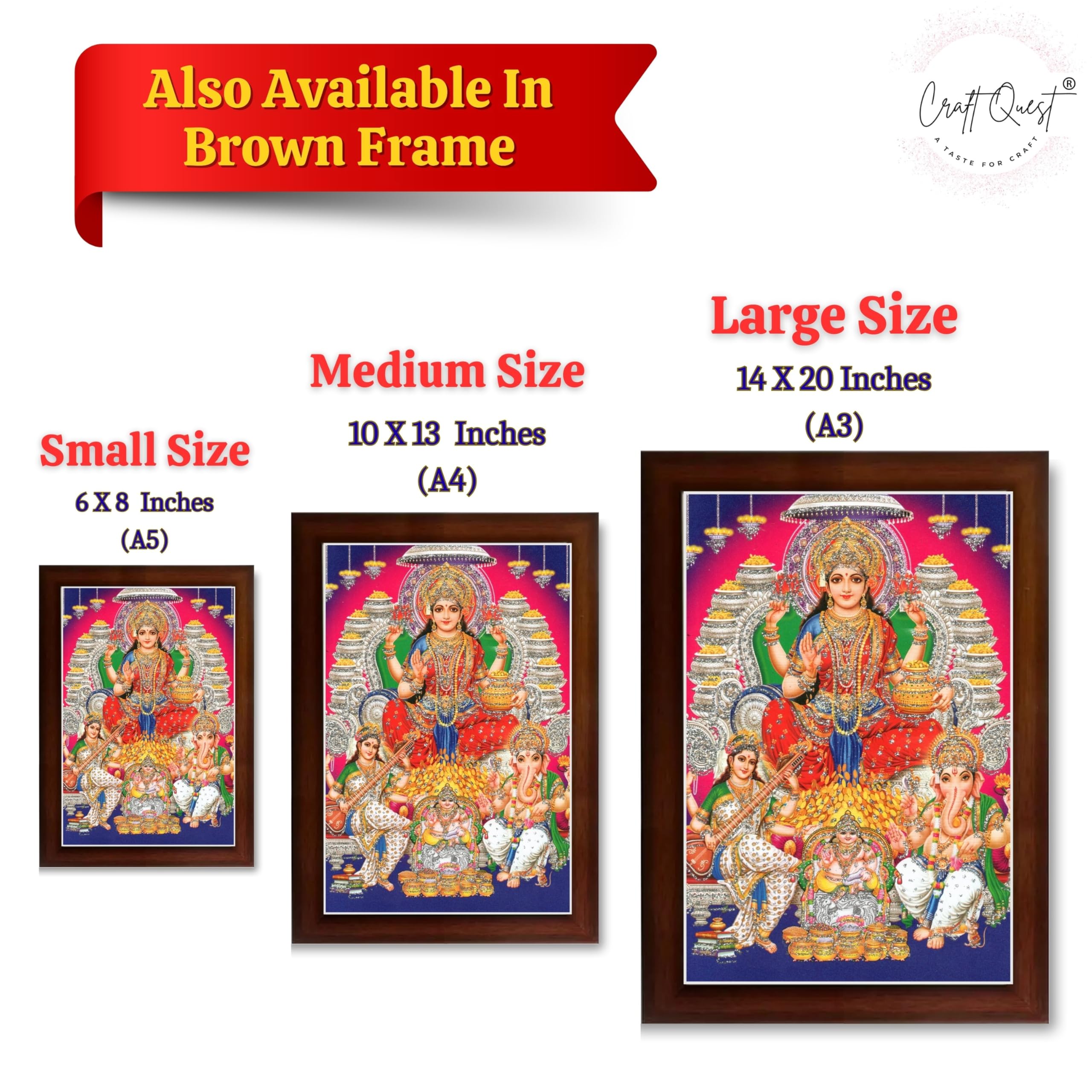 CRAFT QUEST Lord MahaLaxmi Ganesh Saraswati Ji Religious Hindu Photo Frame for Diwali,Wall, Table, Office, Temple, Pooja, Living Room and Decor