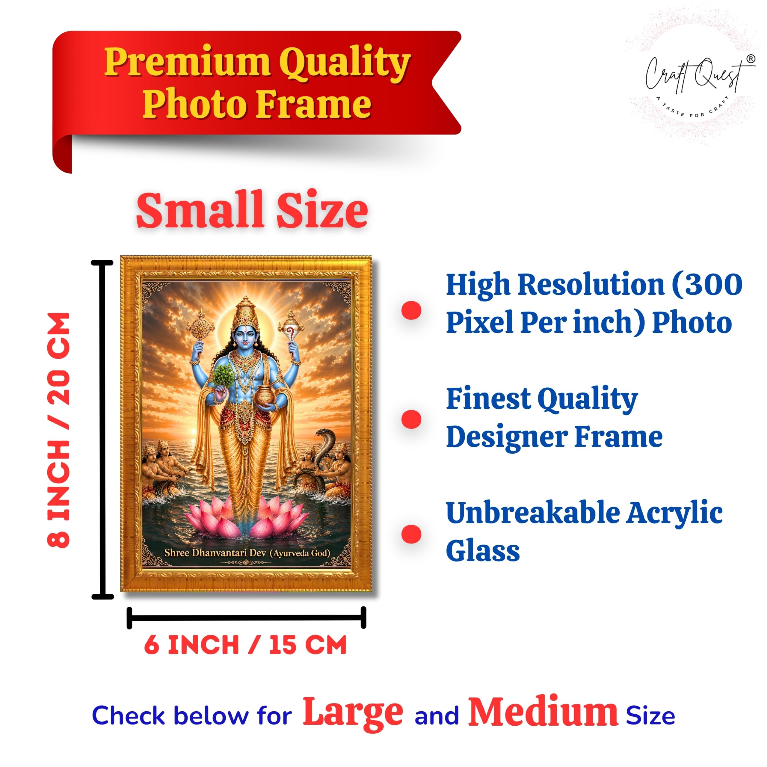 CRAFT QUEST Lord Dhanvantari/Dhanwantari Photo Frame | Hindu God of Ayurveda & Healing | Wooden Framed Wall Art for Home Temple, Office & Clinic Decor | Vastu & Spiritual Gift Item