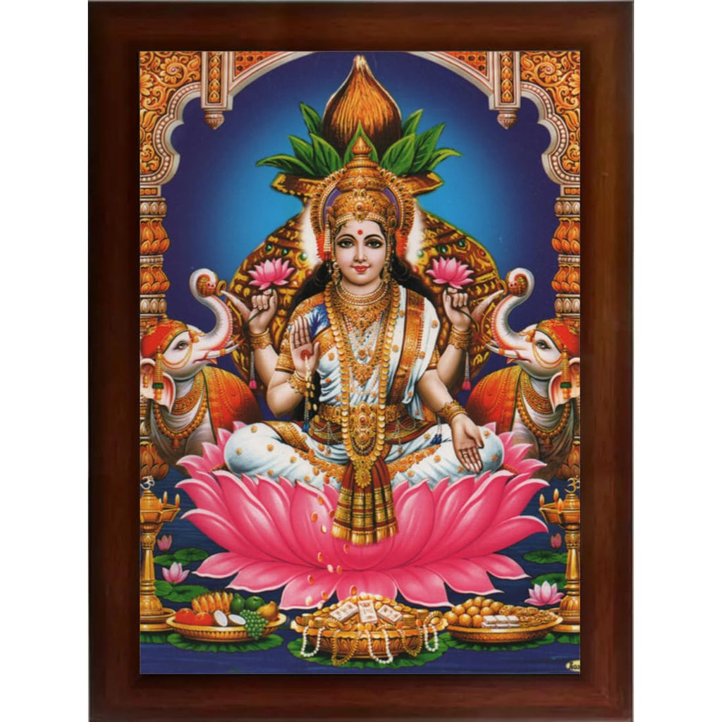 CRAFT QUEST Goddess Lakshmi Devi Dhana Vaibhav Laxmi Maa Wall Painting Framed Home Decor (Wood, Matte, Brown, Medium Size, 14 X 10 Inch)