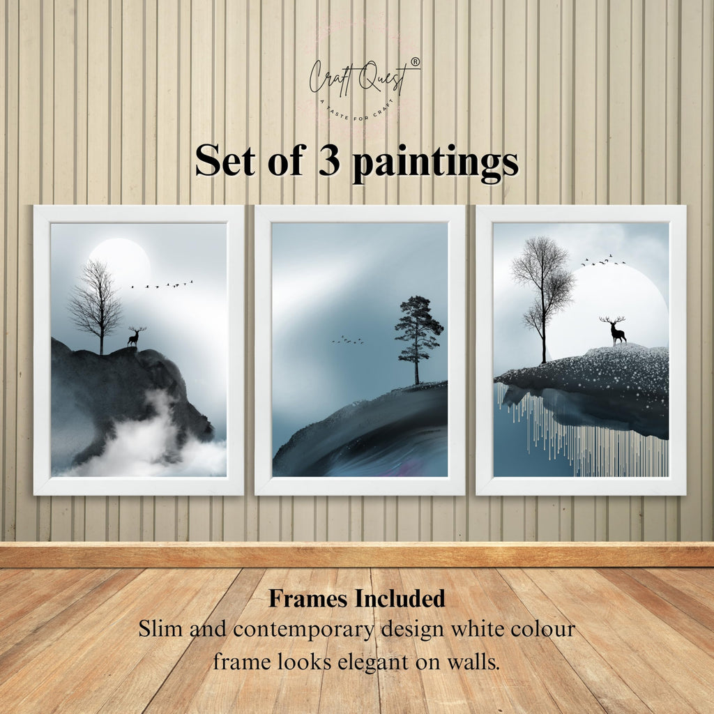 CRAFT QUEST Modern Art Geometric Ink Abstract Wall Art | Set of 3 Frames for Home Decoration | Ideal for Living Room, Bedroom & Offices