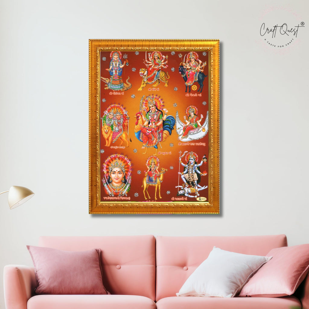 CRAFT QUEST Goddess Navdurga Durga MataJi Wall Painting Framed Home and Pooja Décor Item