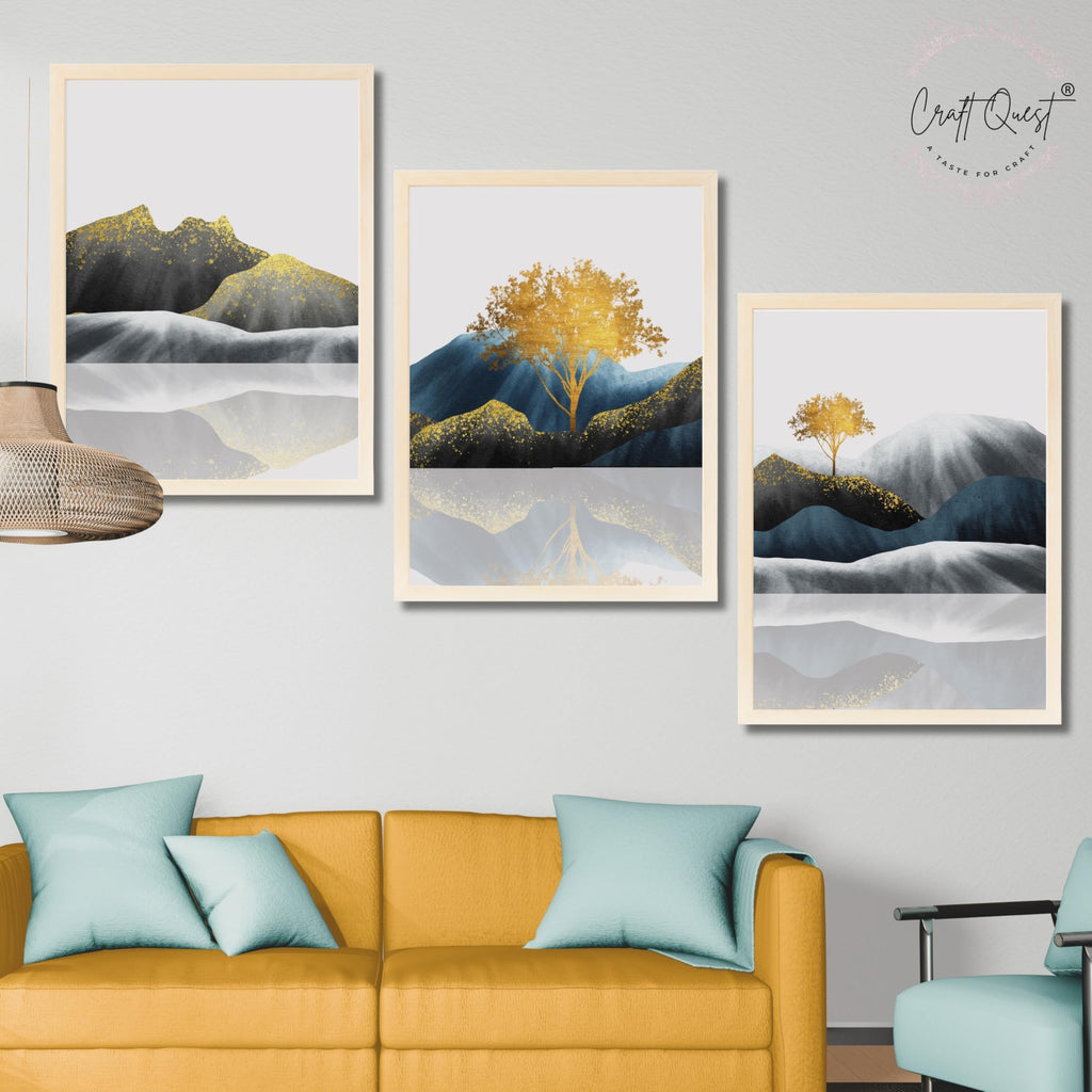 CRAFT QUEST Modern Abstract Golden Trees & Mountains | Set of 3 Frames for Home Decoration | Ideal for Living Room, Bedroom & Offices