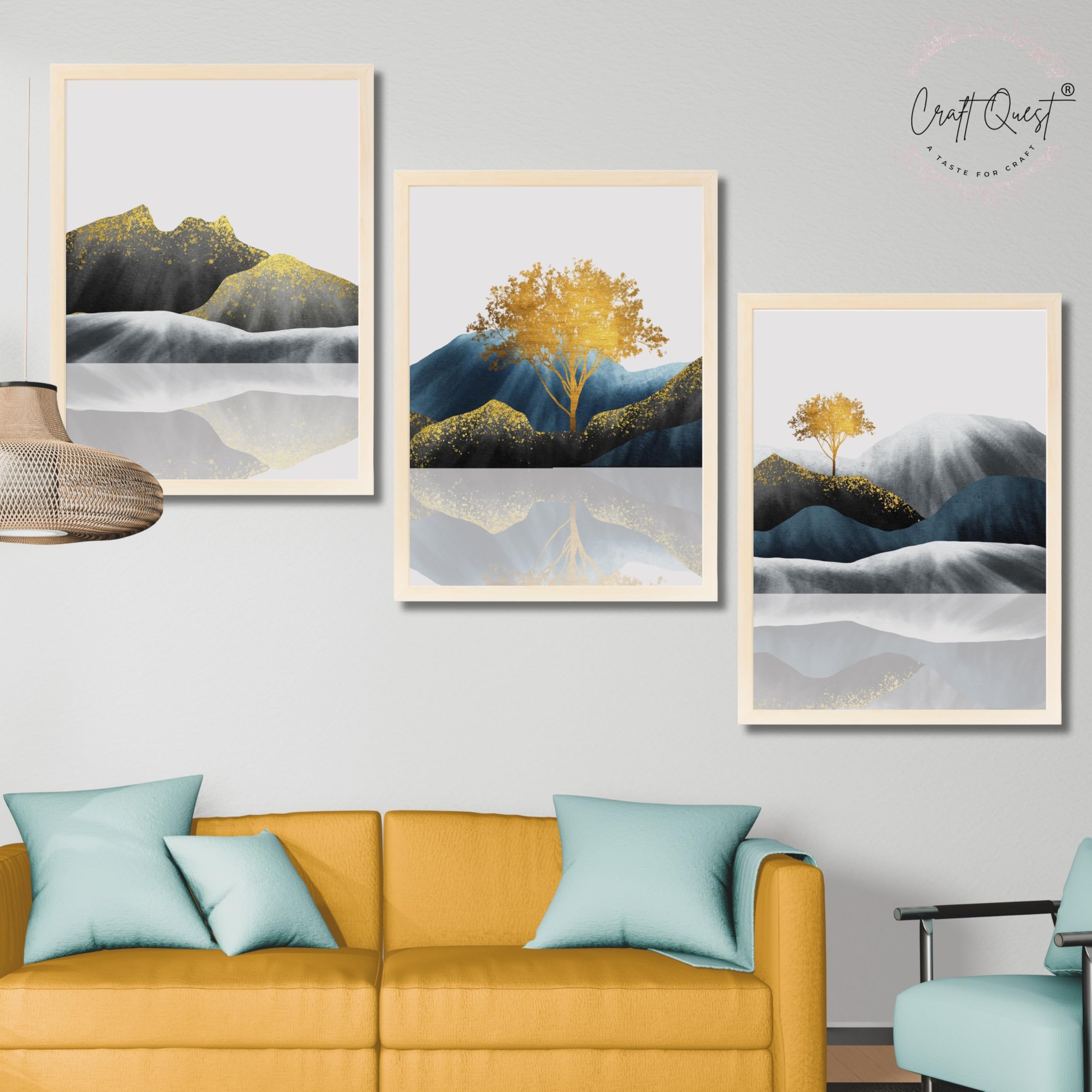 CRAFT QUEST Modern Abstract Golden Trees & Mountains | Set of 3 Frames for Home Decoration | Ideal for Living Room, Bedroom & Offices