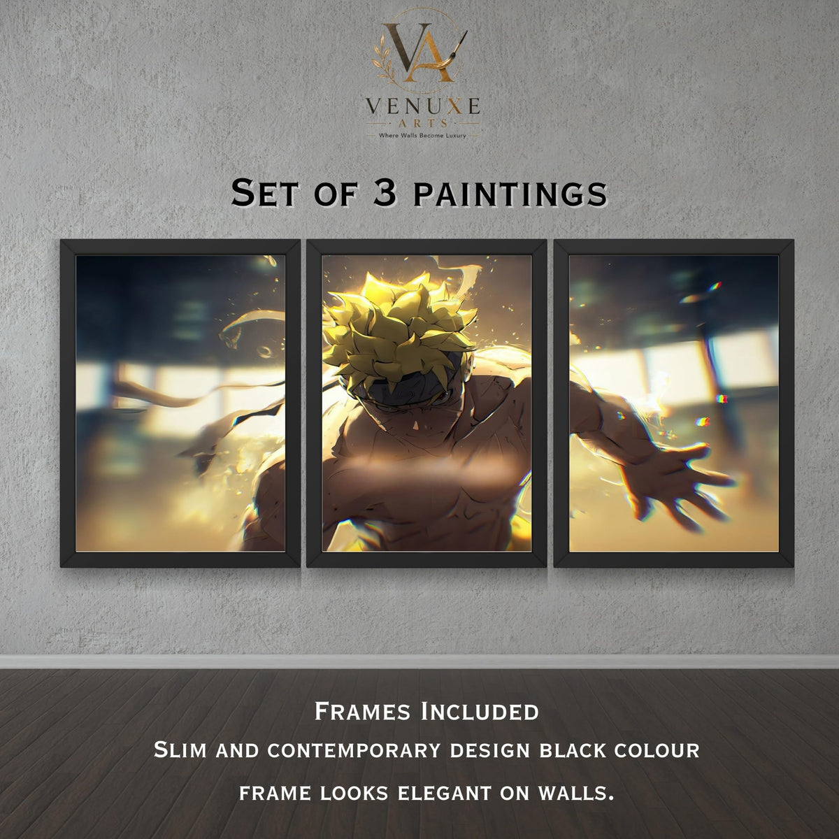 VENUXE ARTS Set Of 3 Anime Characters Wall Framed |Anime Characters Framed Poster for Living Room Bedroom Gaming Room Studio Wall Decor