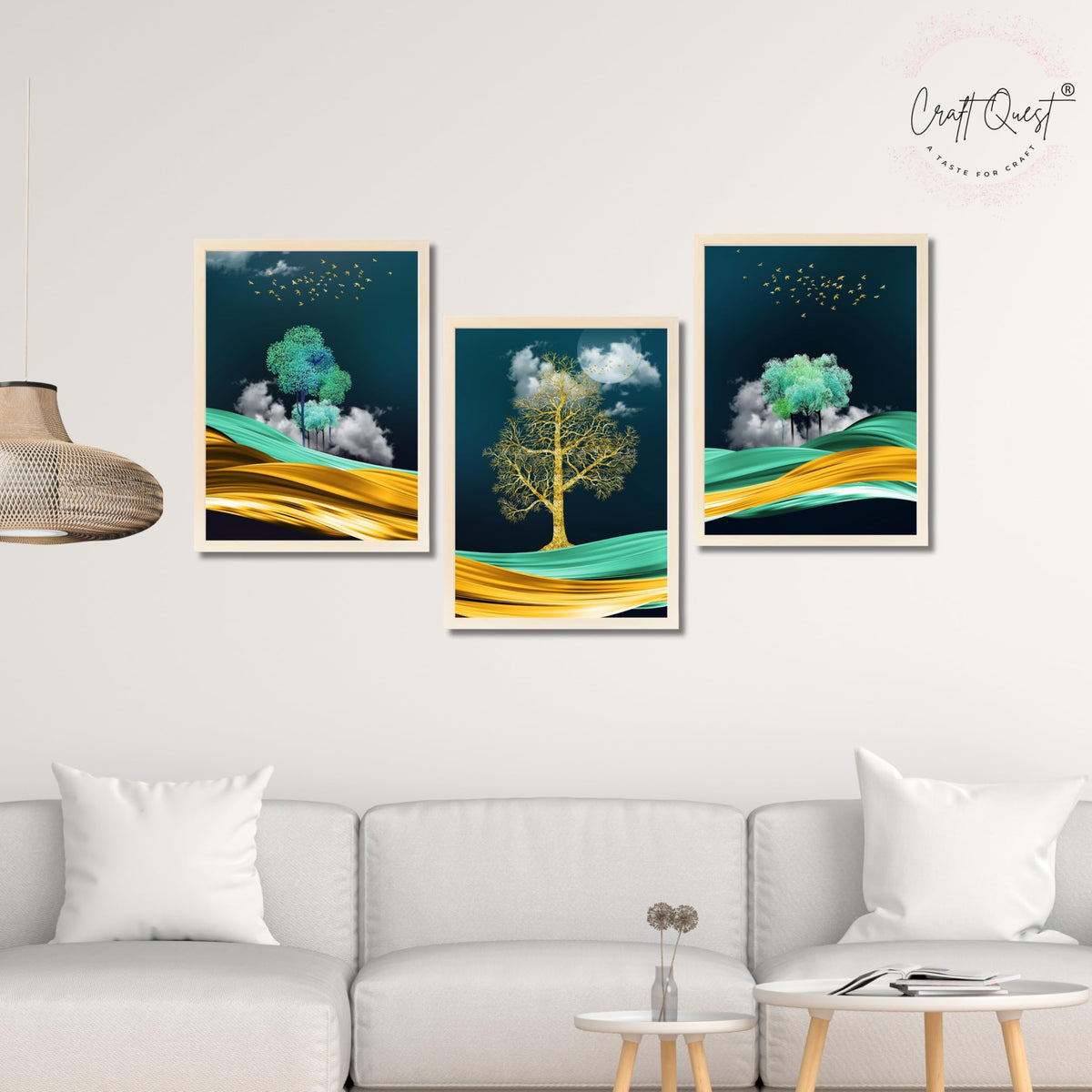 CRAFT QUEST Modern Art Mural With Golden Tree & Birds Wall Art | Set of 3 Frames for Home Decoration | Ideal for Living Room, Bedroom & Offices