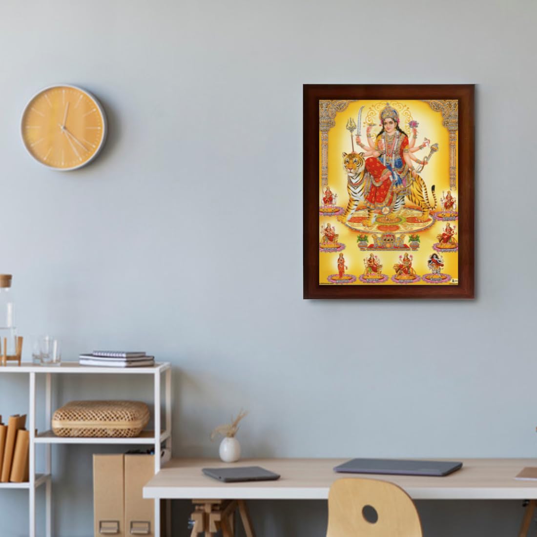 CRAFT QUEST Nav Durga mata photo with frame, Goddess Religious Framed Painting (Large Size, Brown 14 X 10 Inches. Multicolour)