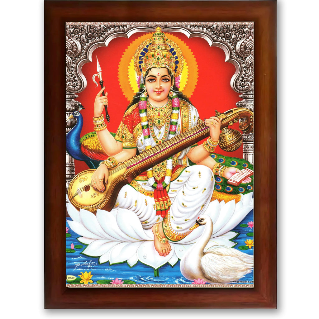 CRAFT QUEST Saraswati Devi Goddess Saraswathi Maa Wall Painting Sparkle Coated Framed Home Décor Synthetic wooden Frame