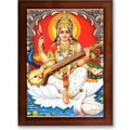 CRAFT QUEST Saraswati Devi Goddess Saraswathi Maa Wall Painting Sparkle Coated Framed Home Décor Synthetic wooden Frame