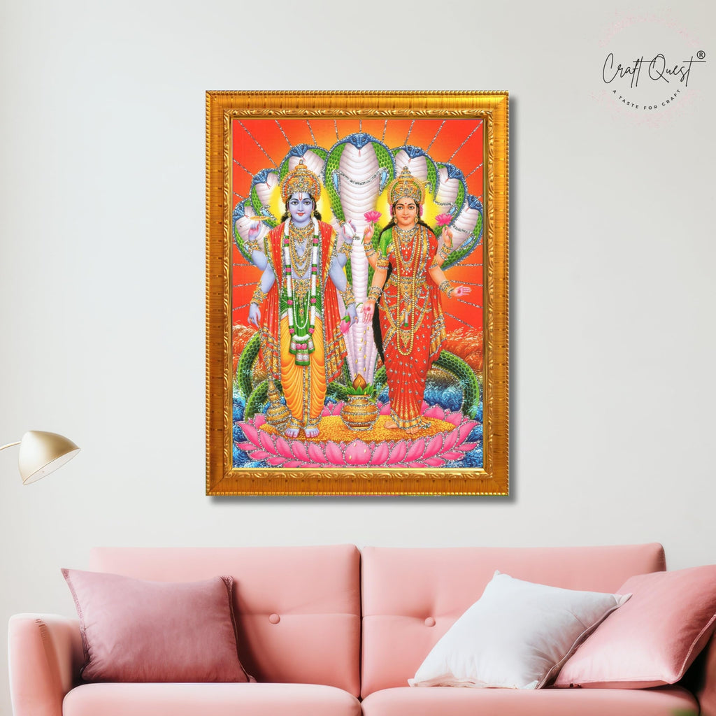 CRAFT QUEST Lord Vishnu Lakshmi Devi Laxmi Narayan Ji Wall Painting Framed Home Décor