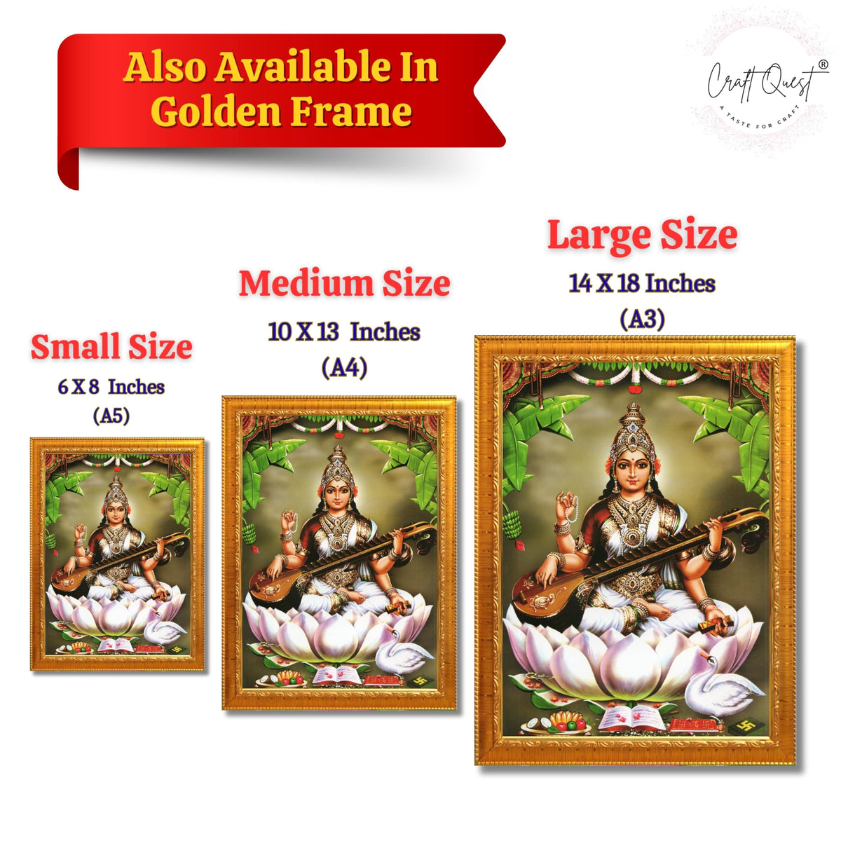 CRAFT QUEST Saraswati Devi Goddess Saraswathi Maa Photo Frame | Religious Photo Frame | Ideal for Home, Office, Temple & Puja Room, Wall Decor