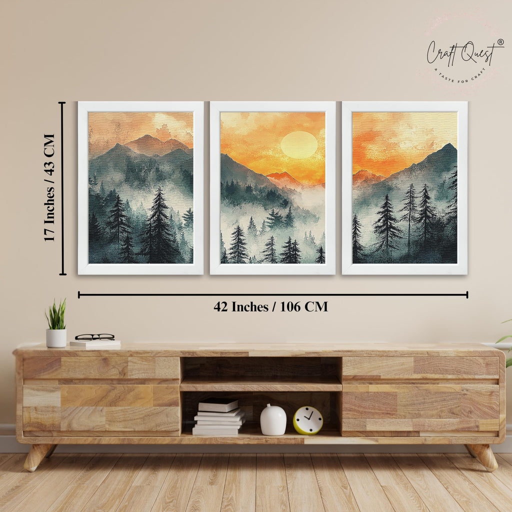 CRAFT QUEST Nature Inspired Paintings With Trees & Mountains Wall Art | Set of 3 Frames for Home Decoration | Ideal for Living Room, Bedroom & Office