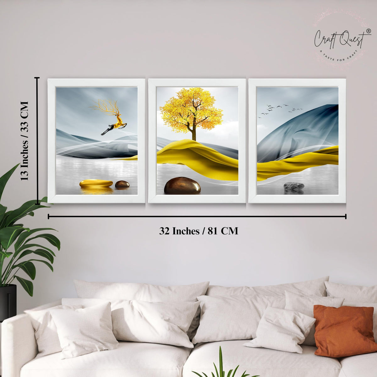 CRAFT QUEST Sanlian Adornment Abstract Modern Art | Set of 3 Frames for Home Decoration | Ideal for Living Room, Bedroom & Offices
