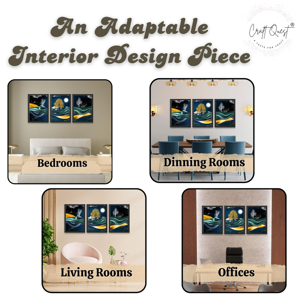 CRAFT QUEST Modern Art With Dark Blue Background & Golden Tree Wall Art | Set of 3 Frames for Home Decoration | Ideal for Living Room, Bedroom & Offices