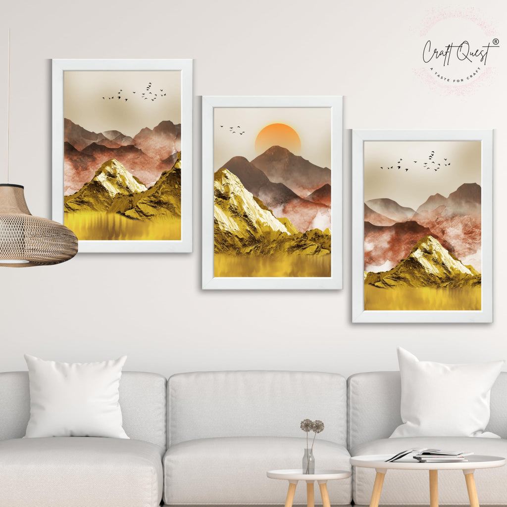 CRAFT QUEST Modern Art Mural Landscape Golden Mountains & Birds Wall Art | Set of 3 Frames for Home Decoration | Ideal for Living Room, Bedroom & Offices