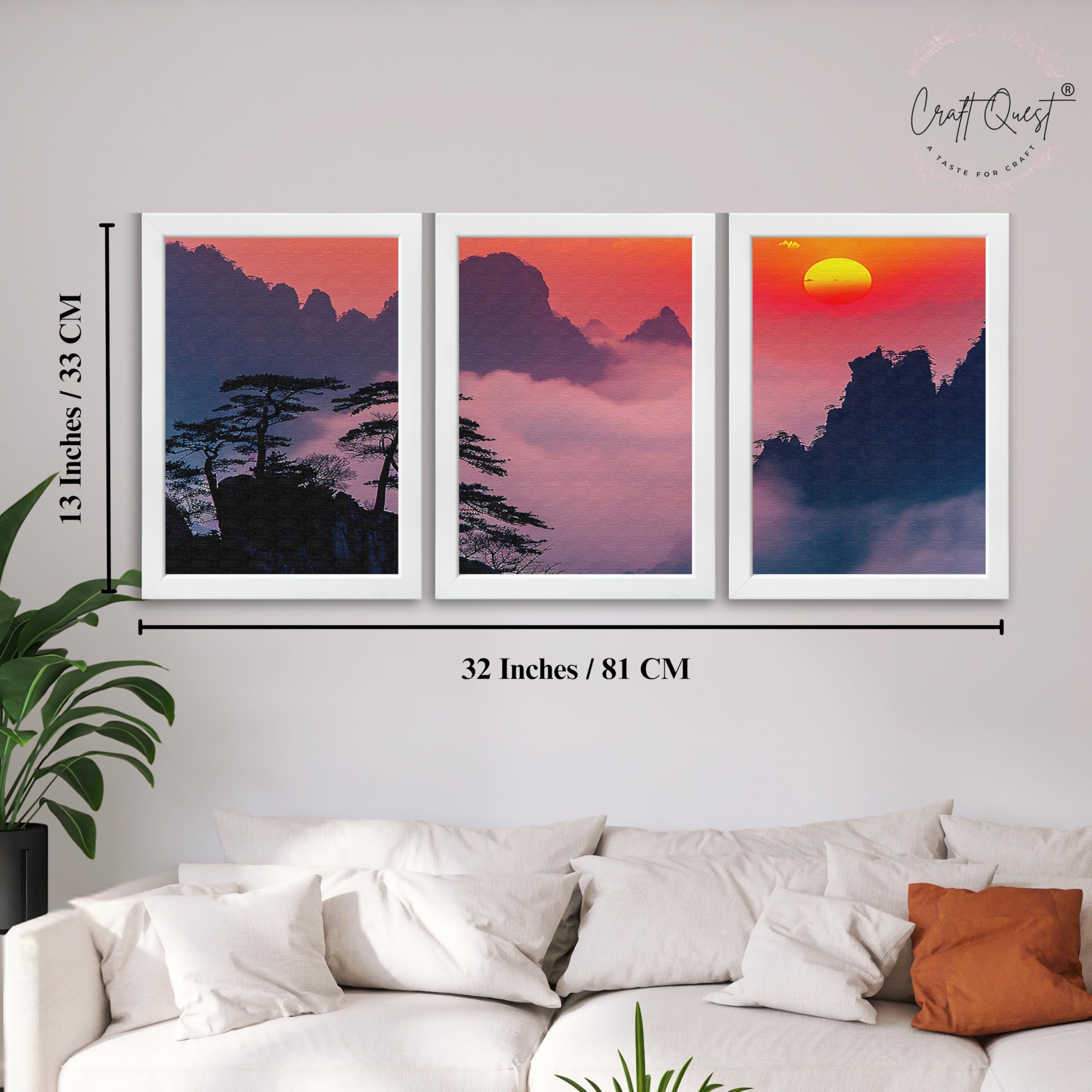 CRAFT QUEST Nature Inspired Mountains & Clouds Wall Art | Set of 3 Frames for Home Decoration | Ideal for Living Room, Bedroom & Offices